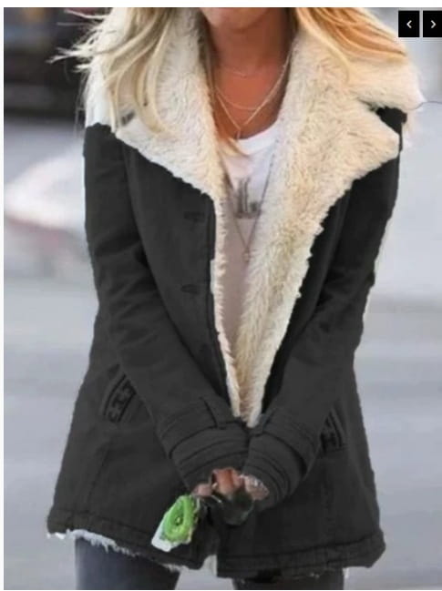 black shearling-lined plush lapel cotton coat for women featuring a cream-colored fur collar and frayed hem
