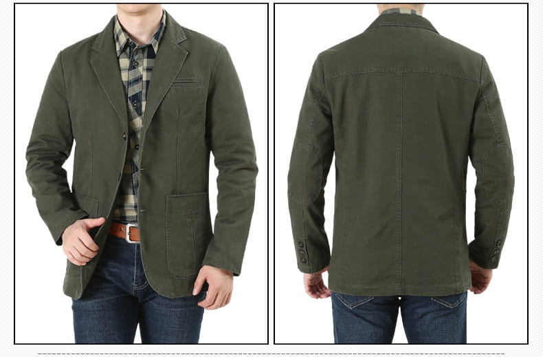 Herren-Übergrößen-Baumwoll-Freizeitblazer in Olivgrün mit zwei vorderen Taschen und geknöpften Abschlüssen.