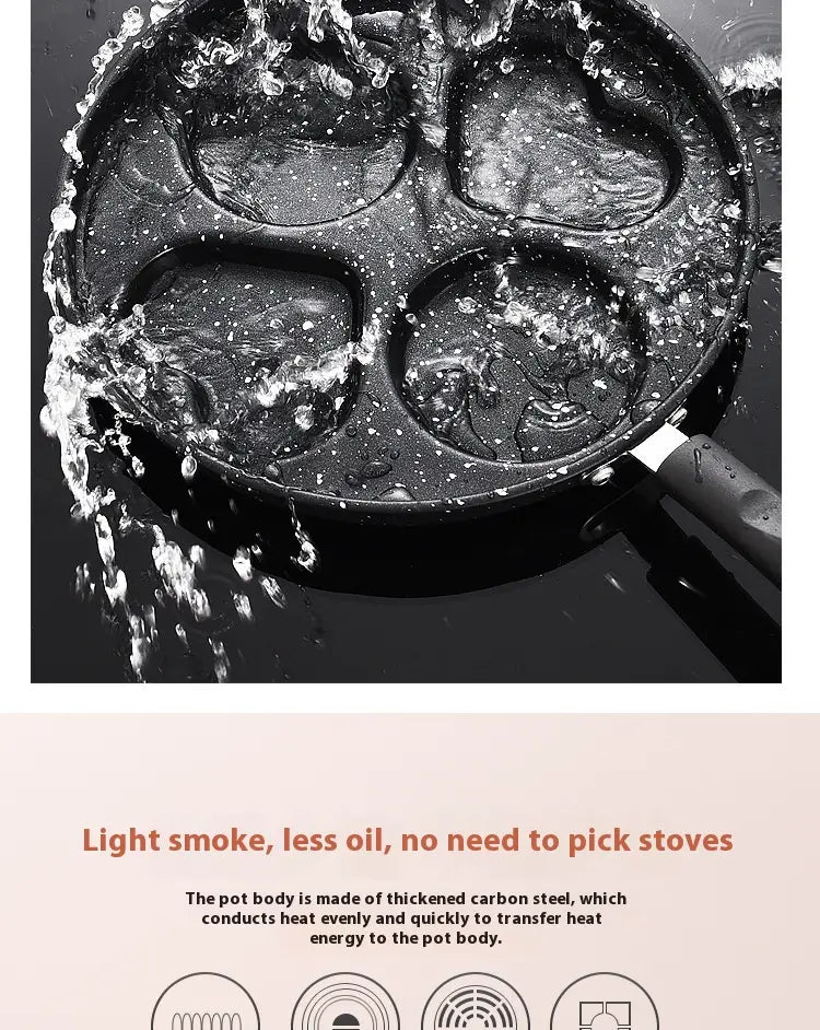 Black carbon steel non-stick heart pancake pan 25cm with medical stone coating featuring four egg molds in heart-shaped and oval designs.