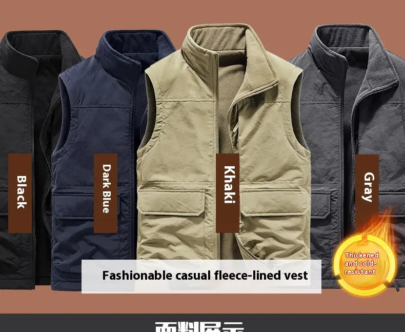 Men fleece cargo vest in khaki color with fleece lining high collar and multiple front pockets designed for outdoor use.
