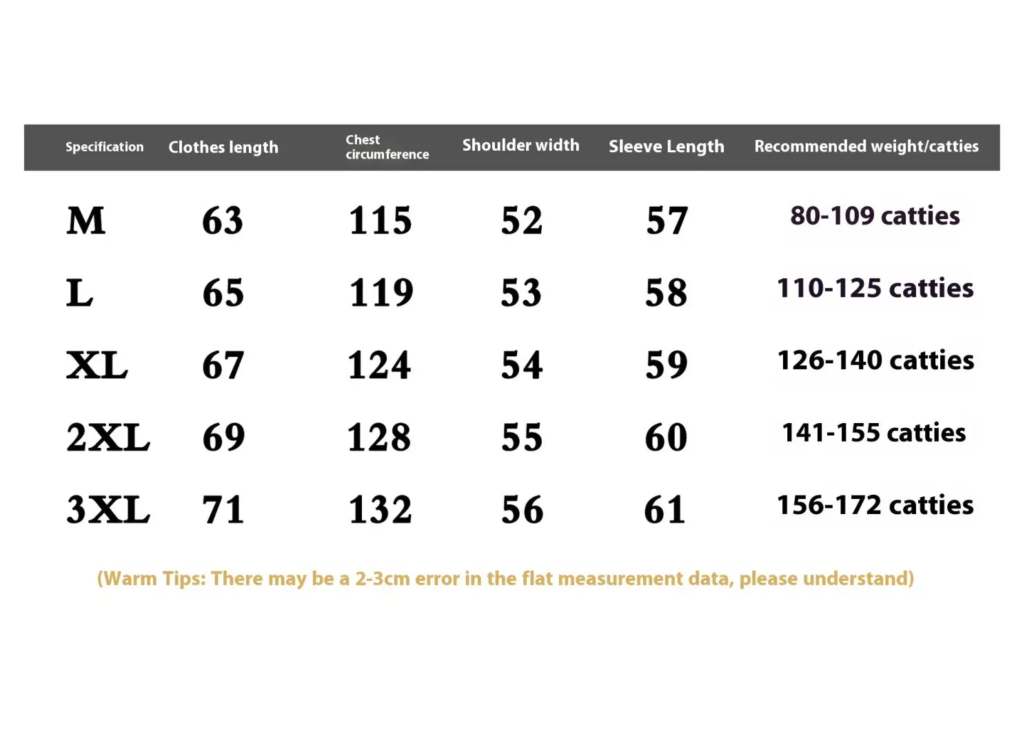Size chart for women puffer jacket hooded quilted winter coat showing measurements in centimeters and recommended weight ranges across sizes m through 3xl.