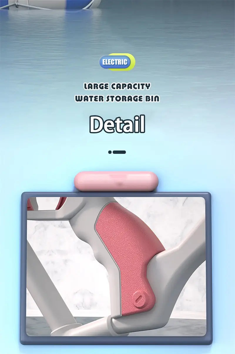Pink textured grip on the gray handle of the electric water gun automatic Glock toy for kids 358ml is shown in the image.