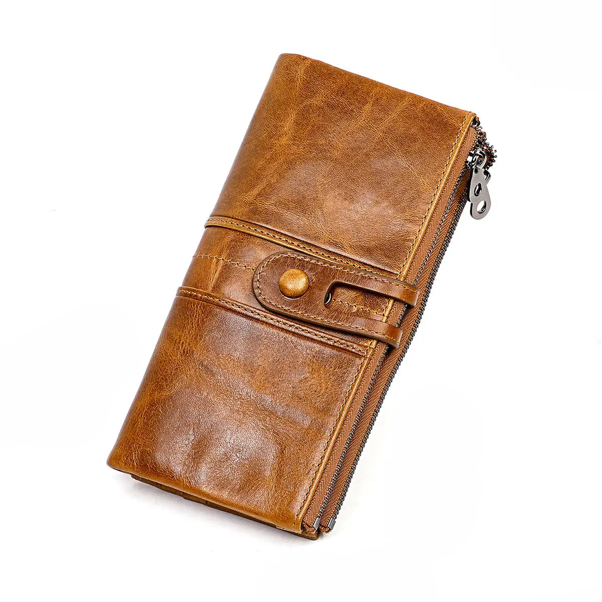 A tan first layer cowhide leather long tri-fold wallet with zipper closure and button snap detail.