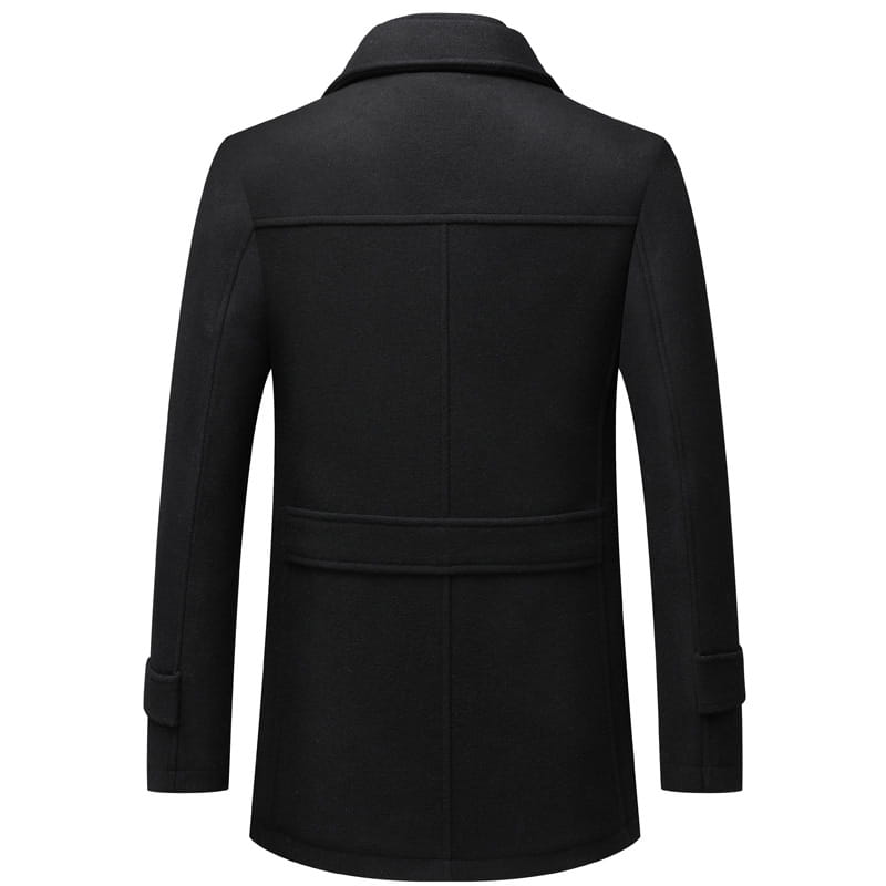black woolen men overcoat with a classic double-breasted design and notched collar, ideal for winter wear.