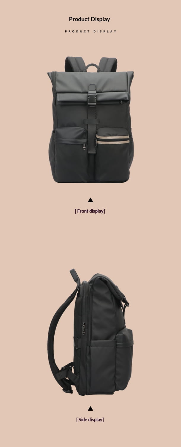 Black nylon roll top business backpack with multiple zippered compartments and water resistant 25l capacity.