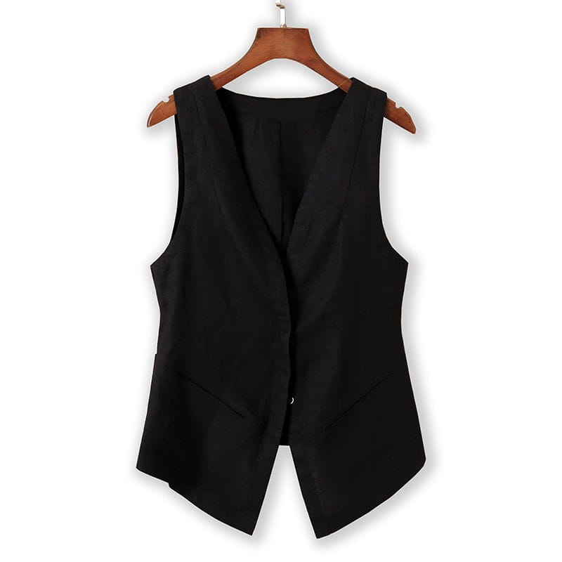 Black sleeveless linen vest with v-neckline and front button closure hanging on a wooden hanger for casual wear.