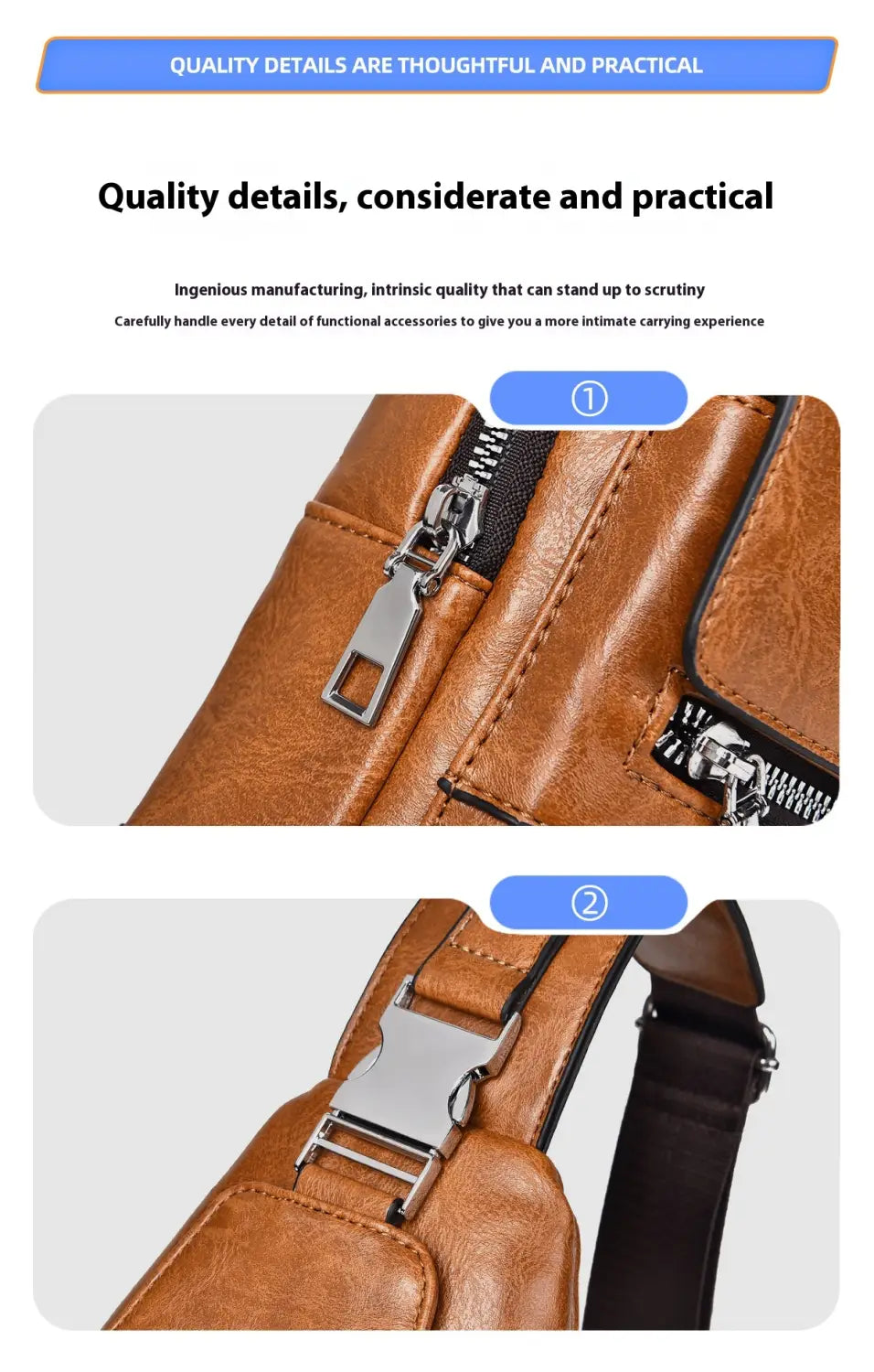 Brown leather crossbody bag with silver toned zippers and metal buckle designed as a men’s retro waterproof faux leather crossbody chest bag.