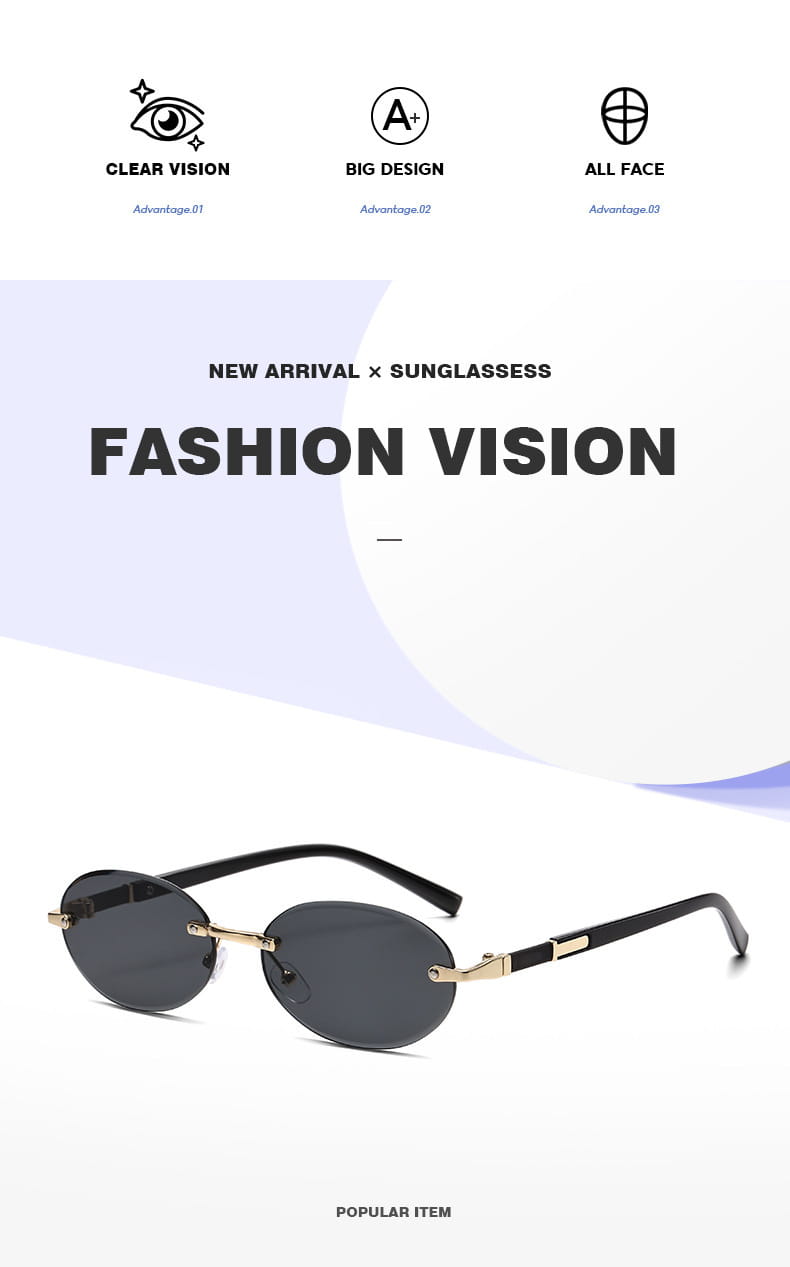 Black and gold frameless oval UV400 fashion sunglasses with sleek metal accents and frames.