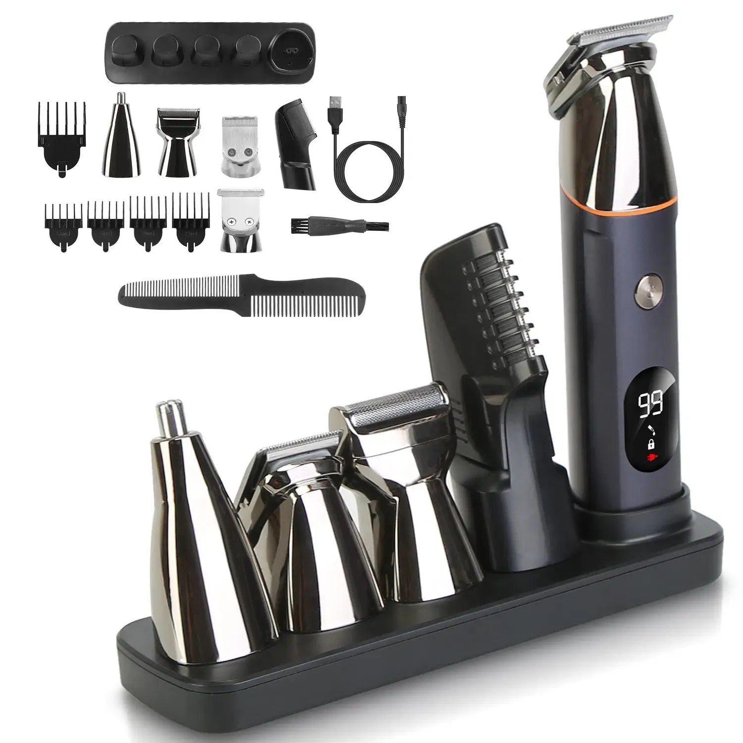 Schwarzer und silberner elektrischer Barttrimmer für Männer, 5-in-1-IPX5-Wasserschutz-Set, mit mehreren Aufsätzen, Kamm-Ladebasis und digitaler Anzeige.