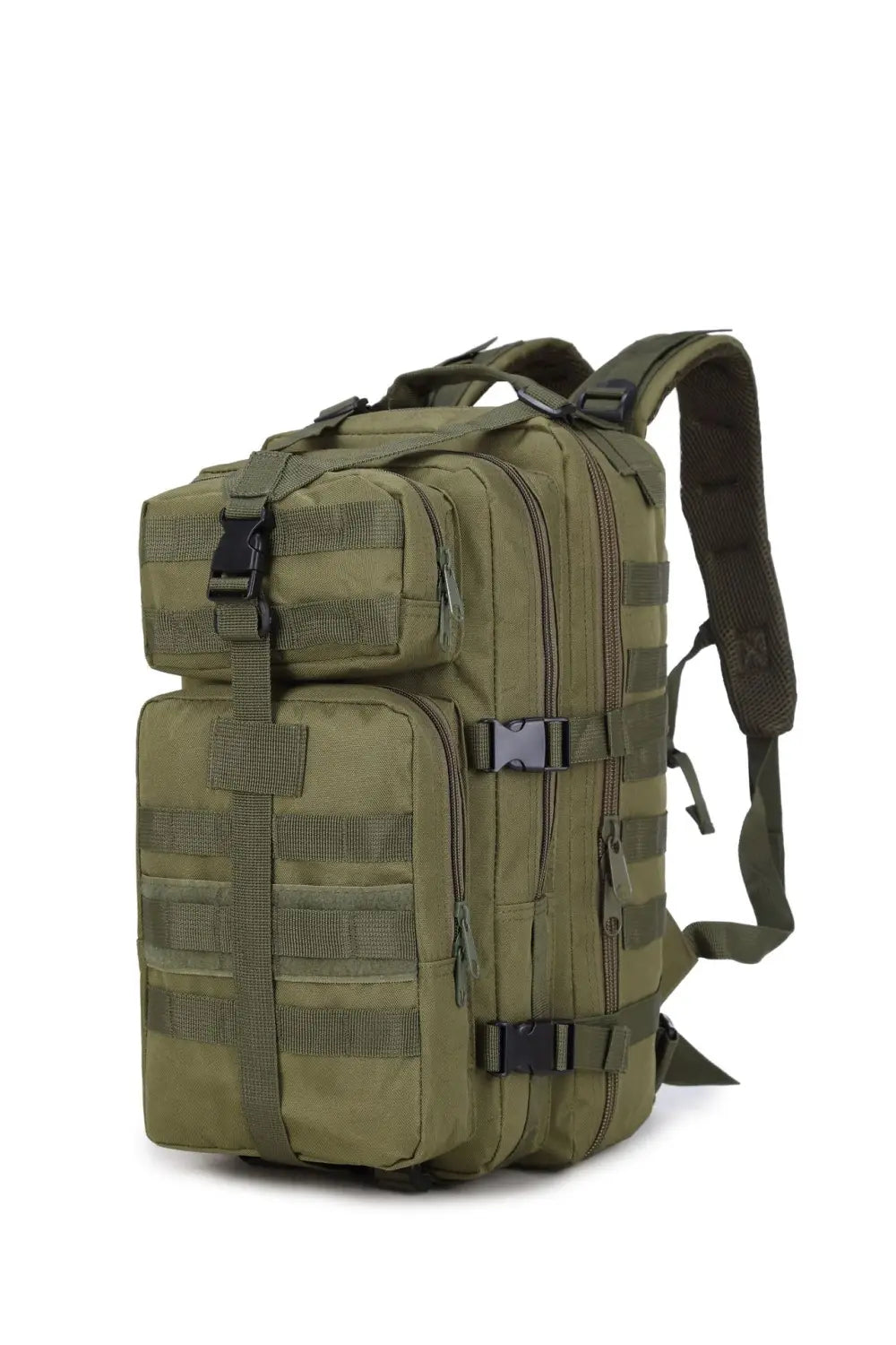olive green tactical camouflage waterproof mountaineering backpack with multiple compartments black plastic buckles and zippers for outdoor use