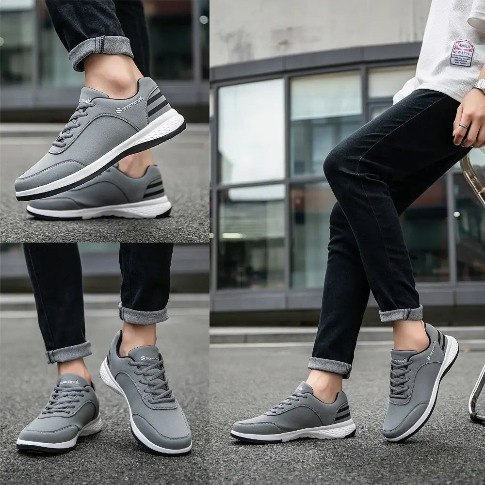 Gray strong cavalry breathable mesh casual athletic sneakers with black stripes and white soles featuring a sleek modern design.