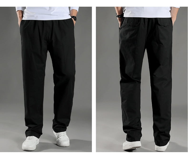 Men’s Japanese style cotton straight leg workwear pants in black with a relaxed fit and two front pockets.