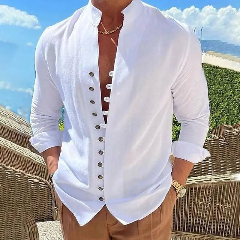 white linen blend mandarin collar casual shirt with dark gray buttons and rolled sleeves featuring wrinkle resistant fabric