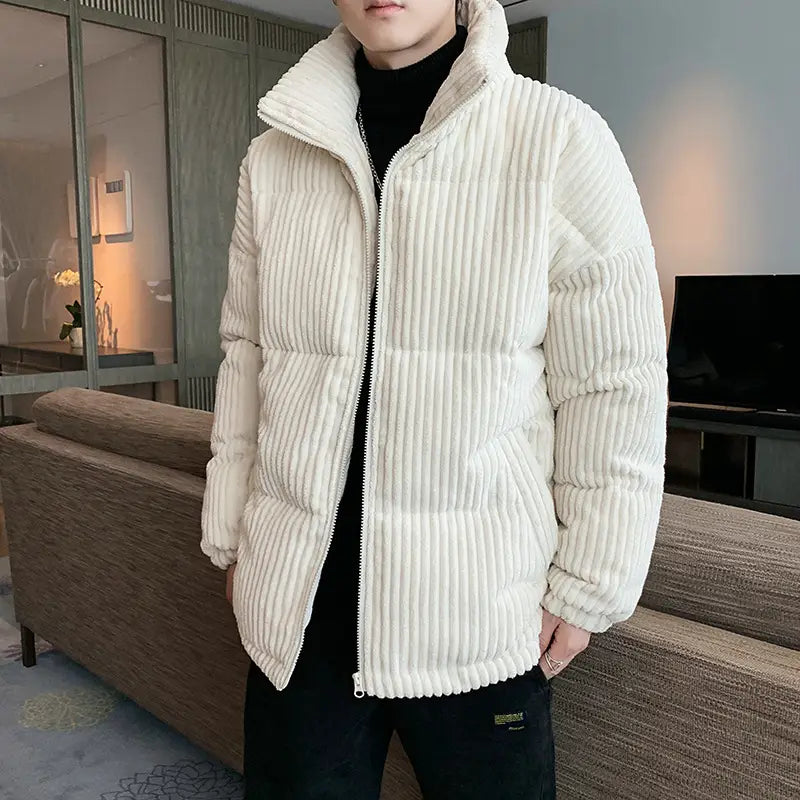 cream-colored men’s thickened corduroy puffer jacket with high collar and quilted design
