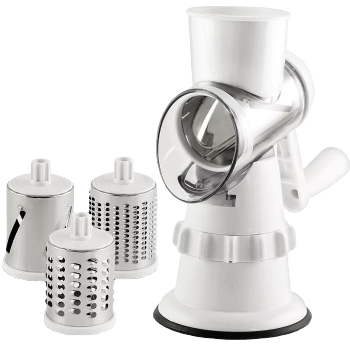 Weißer Kunststoff und Edelstahl-Gemüseschneider, 3-in-1 manuelle rotierende Reibe, Mandoline mit austauschbaren Metallaufsätzen zum Reiben und Schneiden.