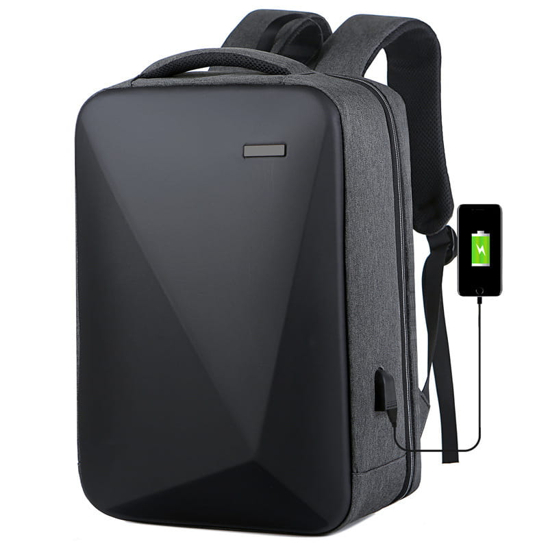 Black geometric-patterned business laptop backpack made of oxford cloth with a sleek modern design and built-in usb charging port.