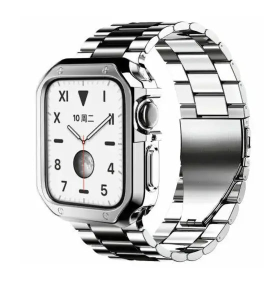 Premium stainless steel Apple Watch band with silver polished link design and interlocking rectangular links with TPU case.