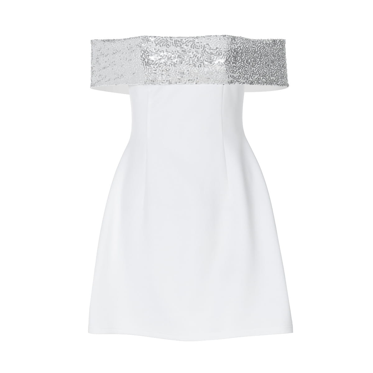 White off-the-shoulder bodycon mini dress featuring a sparkling silver sequined band across the upper chest.