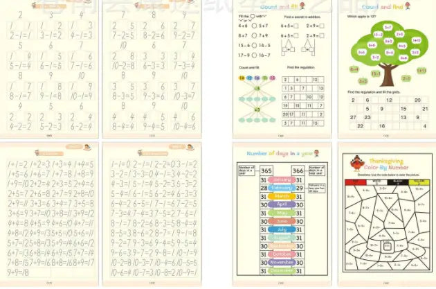 Educational math worksheets from the Sank Magic Practice Copybook Set for Kids Preschoolers feature colorful illustrations, number lines, and themed activities including a tree with numbers and thanksgiving coloring.