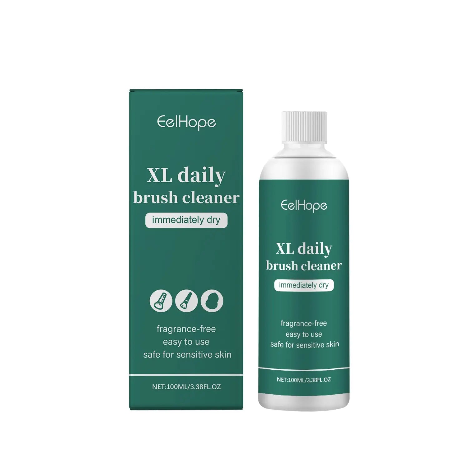 Eelhope xl instant dry makeup brush cleaner in a sleek white bottle with green labeling designed for fragrance-free and sensitive skin use.