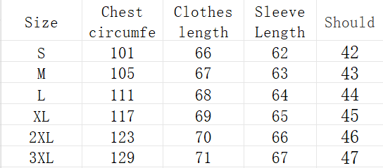 The table displays size measurements including chest circumference, clothes length, sleeve length, and shoulder width for the women’s hooded puffer jacket from size S to 3XL.