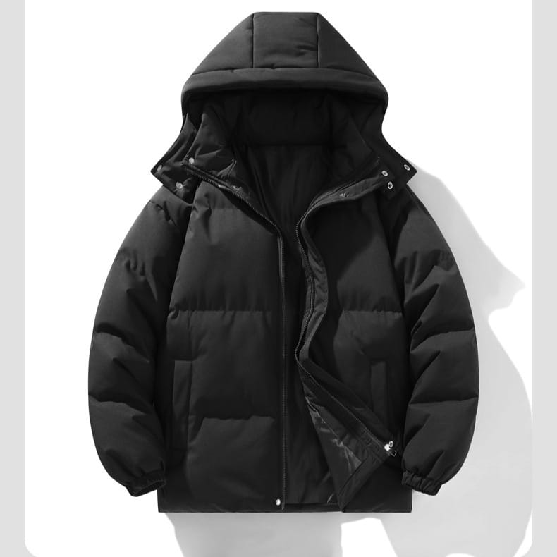 Black insulated hooded quilted puffer jacket designed for outdoor sports with a warm and durable construction.