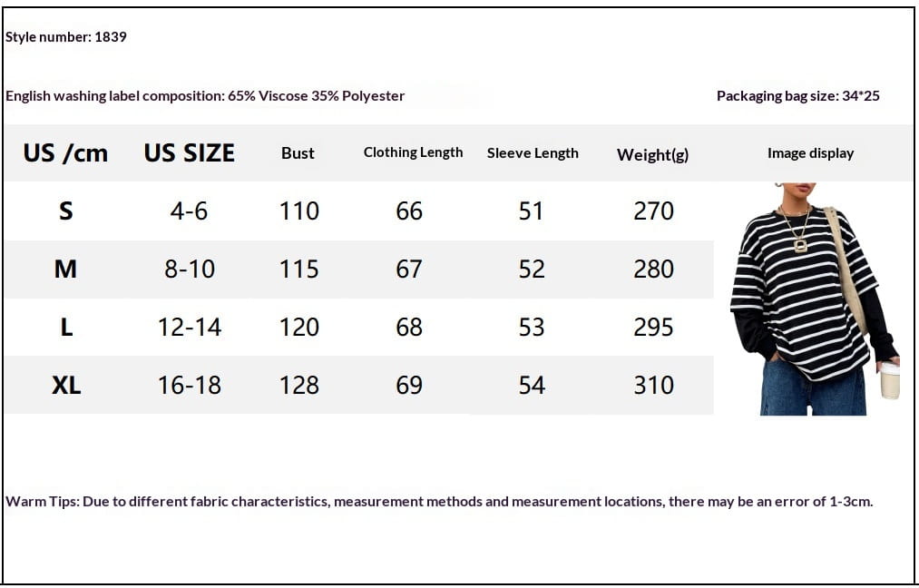 Top de manga larga con rayas horizontales negro y blanco confeccionado con un 65 % de viscosa y un 35 % de poliéster, con un diseño de sudadera oversize tipo conjunto falso de dos piezas con apariencia a rayas