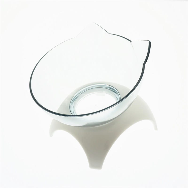clear glass cat bowl with sleek transparent design and subtle black rim accents in elevated cat bowl tilted 15 degree double feeder stand