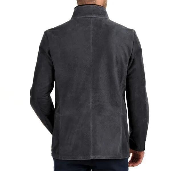 Dark gray suede men casual jacket with a stand collar and two rear pockets shown from the back side.
