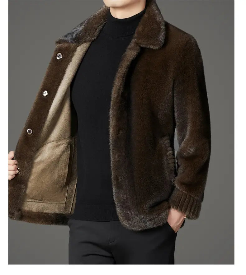 Brown faux fur winter coat for men with a plush soft texture and matching collar.