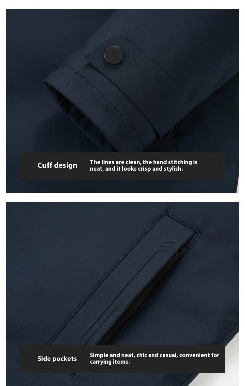 Herren-Winter-Daunenmantel in Navy-Blau, Steppjacke mit dunkelblauer Jackenmanschette, sauber verarbeiteter Handstich-Detailierung und passenden Seitentaschen.