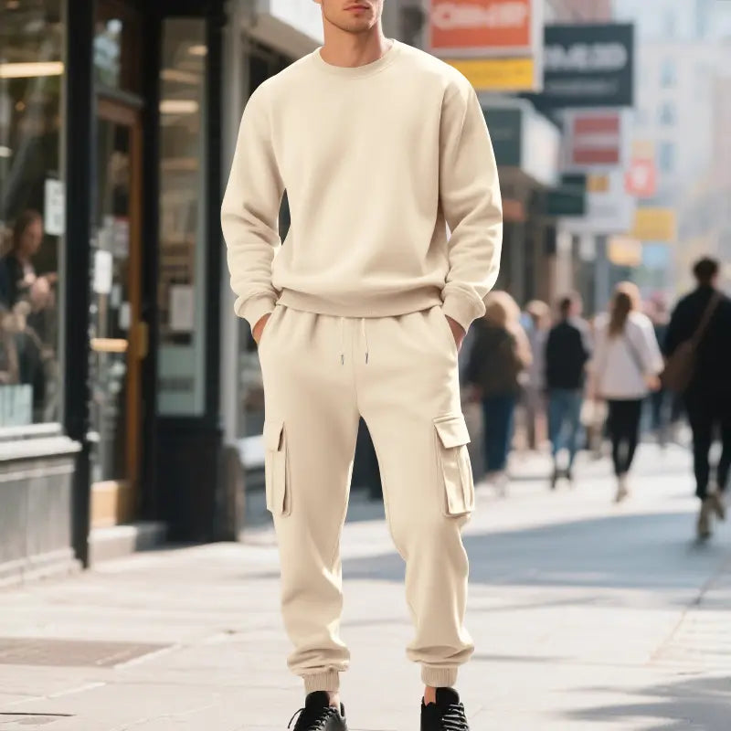 men fleece cargo sweatshirt and pants set featuring a cream-colored soft cotton sweatshirt with a relaxed fit and ribbed cuffs