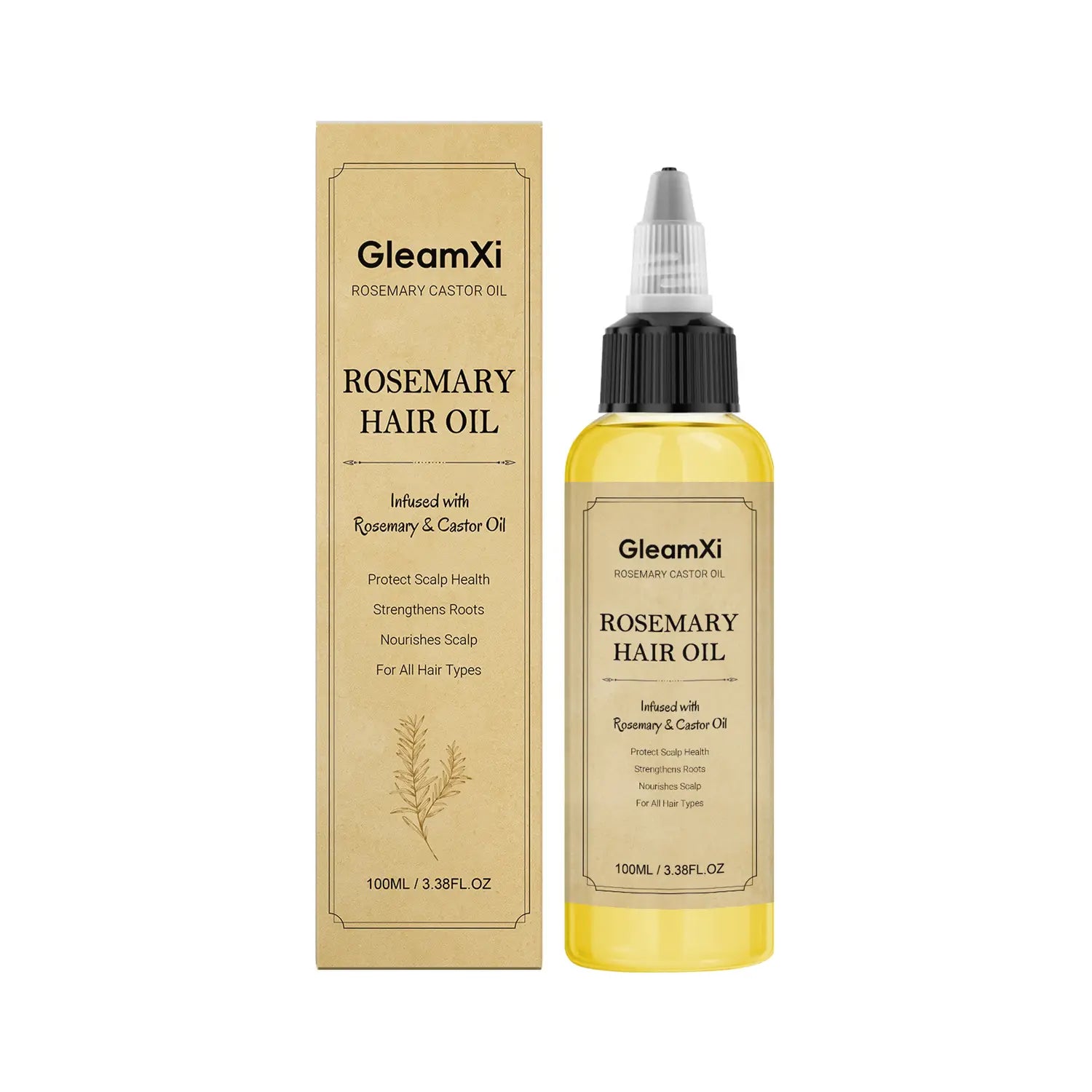 Huile capillaire à base de romarin Gleamxi dans un flacon en verre transparent avec bouchon noir et compte-gouttes contenant un liquide jaune doré, pour favoriser la croissance et prendre soin du cuir chevelu, 30 ml.