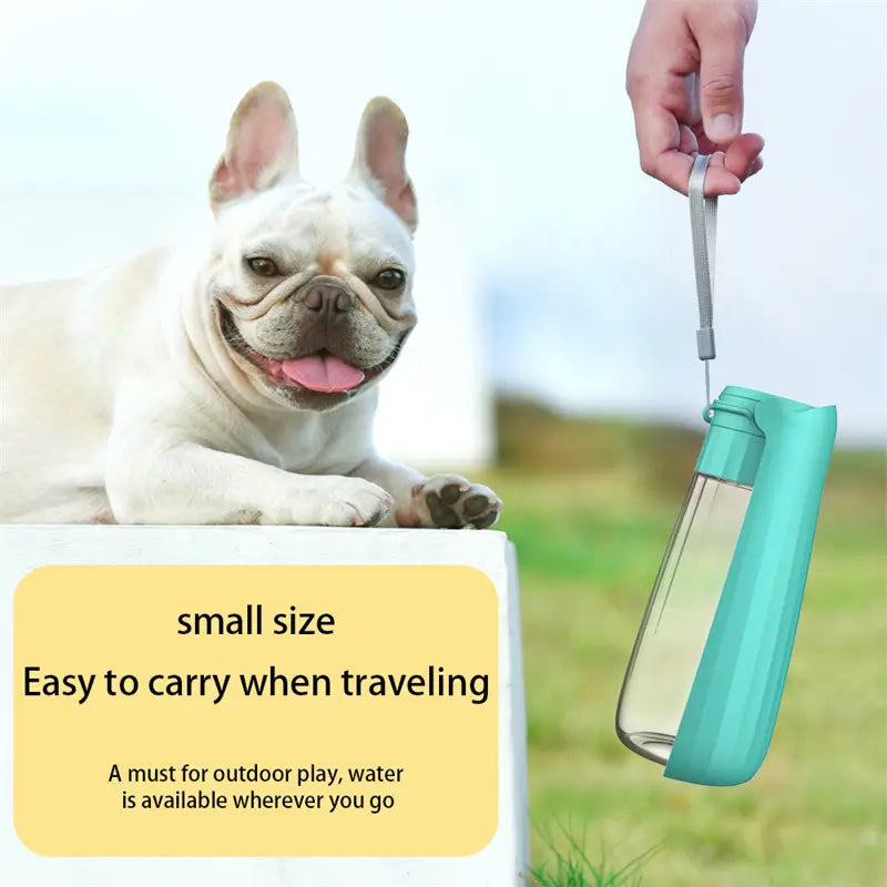ティール色のシリコン製携帯用犬用ウォーターボトル。透明なプラスチックボディと持ち運び用ストラップ付きで、旅行および550mlの折りたたみ式ペット用ウォーターカップに対応します。