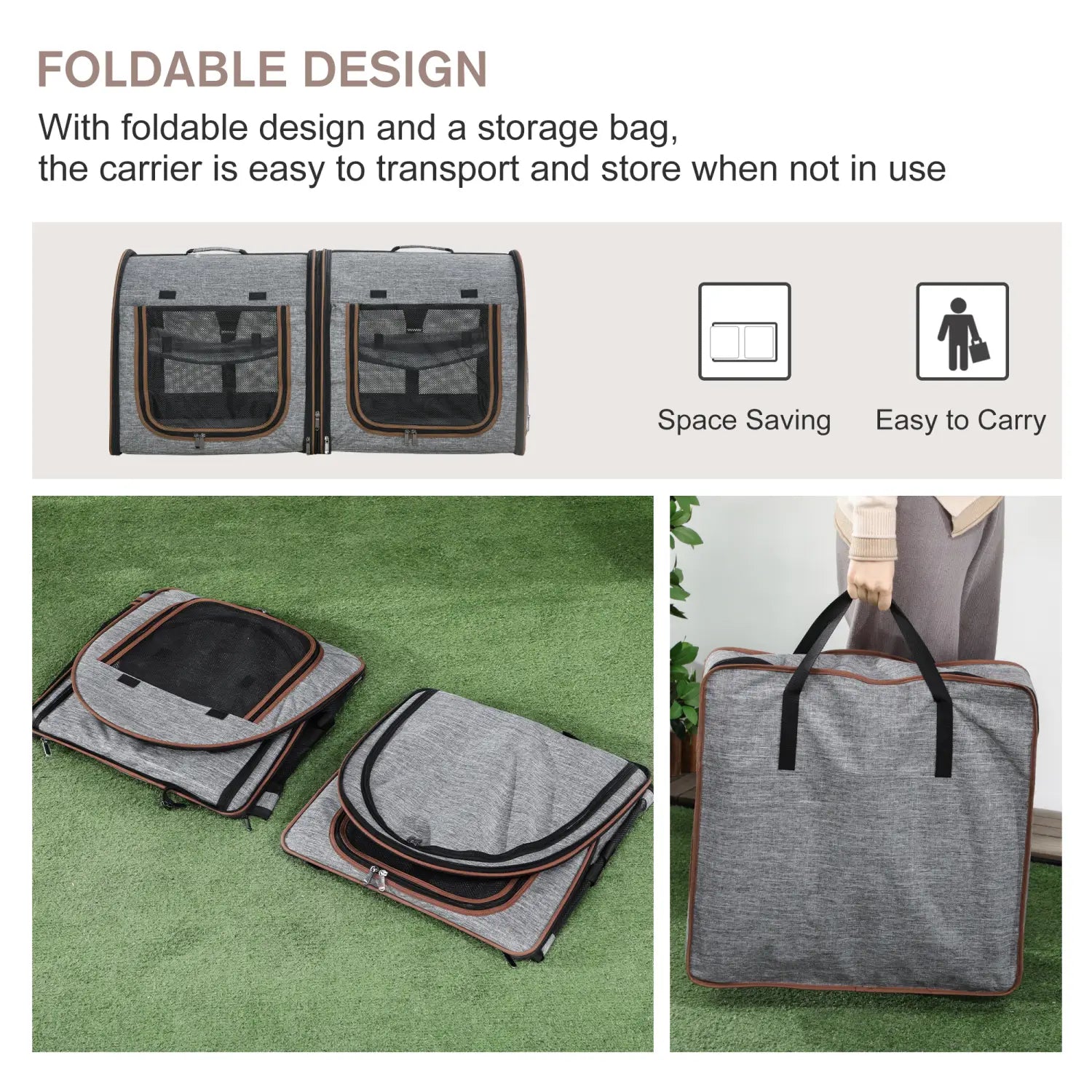 Two compartment soft pet cat carrier in grey fabric with brown trim and mesh windows designed for easy folding and transport.