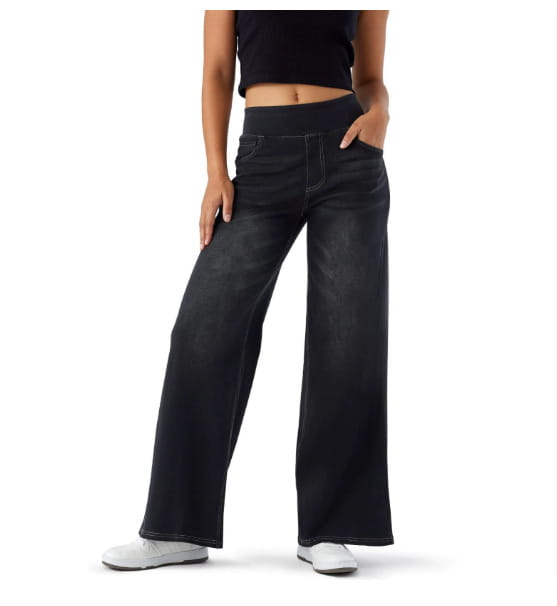 Schwarze Wide-Leg-Denimjeans mit hoher Taille und dezenten Waschungen, aus Denim gefertigt für eine stilvolle Straight-Fit-Passform