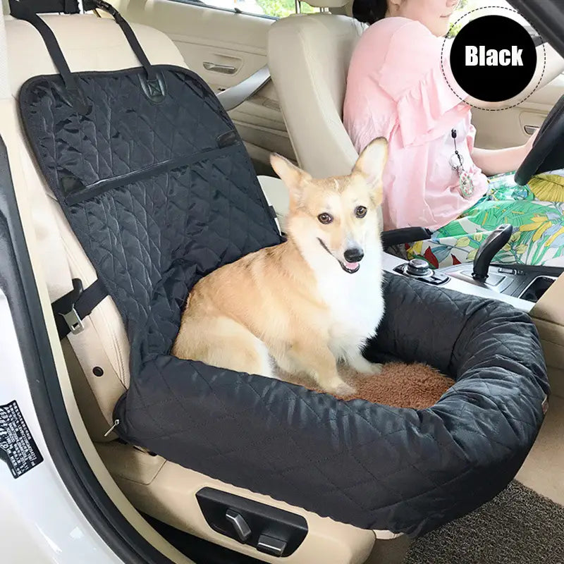 black quilted waterproof foldable dog car seat bed with built-in pet carrier shown from the back side