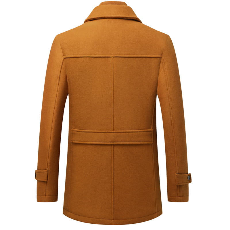 A warm camel-colored men wool winter overcoat with a classic double-breasted design and matching belt made of wool.