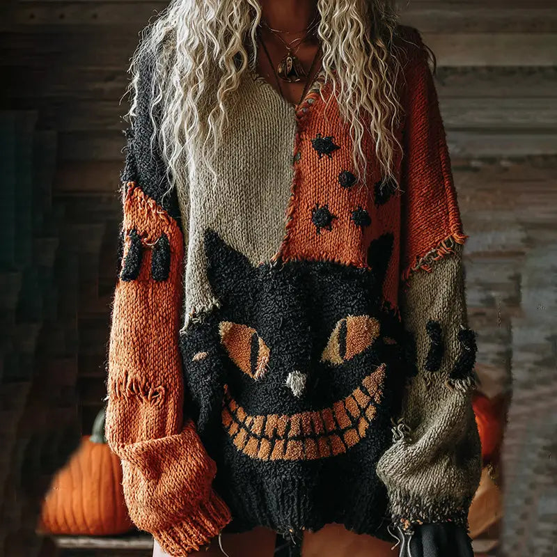 Un suéter esponjoso de gato navideño bordado tipo patchwork, acogedor, con gran detalle; presenta un gato negro con ojos y dientes naranjas como diseño central.