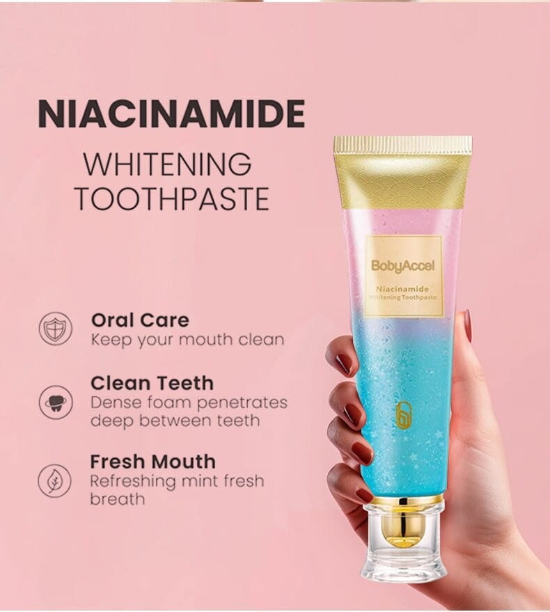 A gradient blue and pink niacinamide whitening toothpaste tube for men and women with a gold cap labeled babyaccel.
