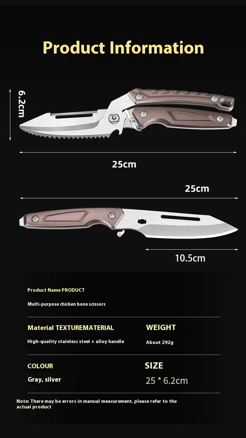 Gray and silver chicken bone scissors with a high-quality stainless steel blade and alloy handle designed for multi-purpose kitchen use.