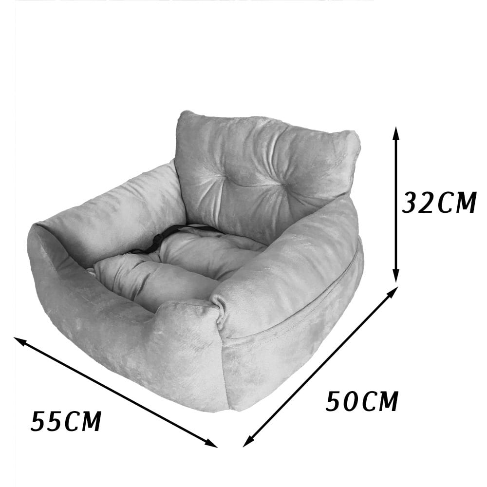 Plush dog car seat gray pet travel bed featuring a tufted backrest and soft cushioned sides made of gray plush material.