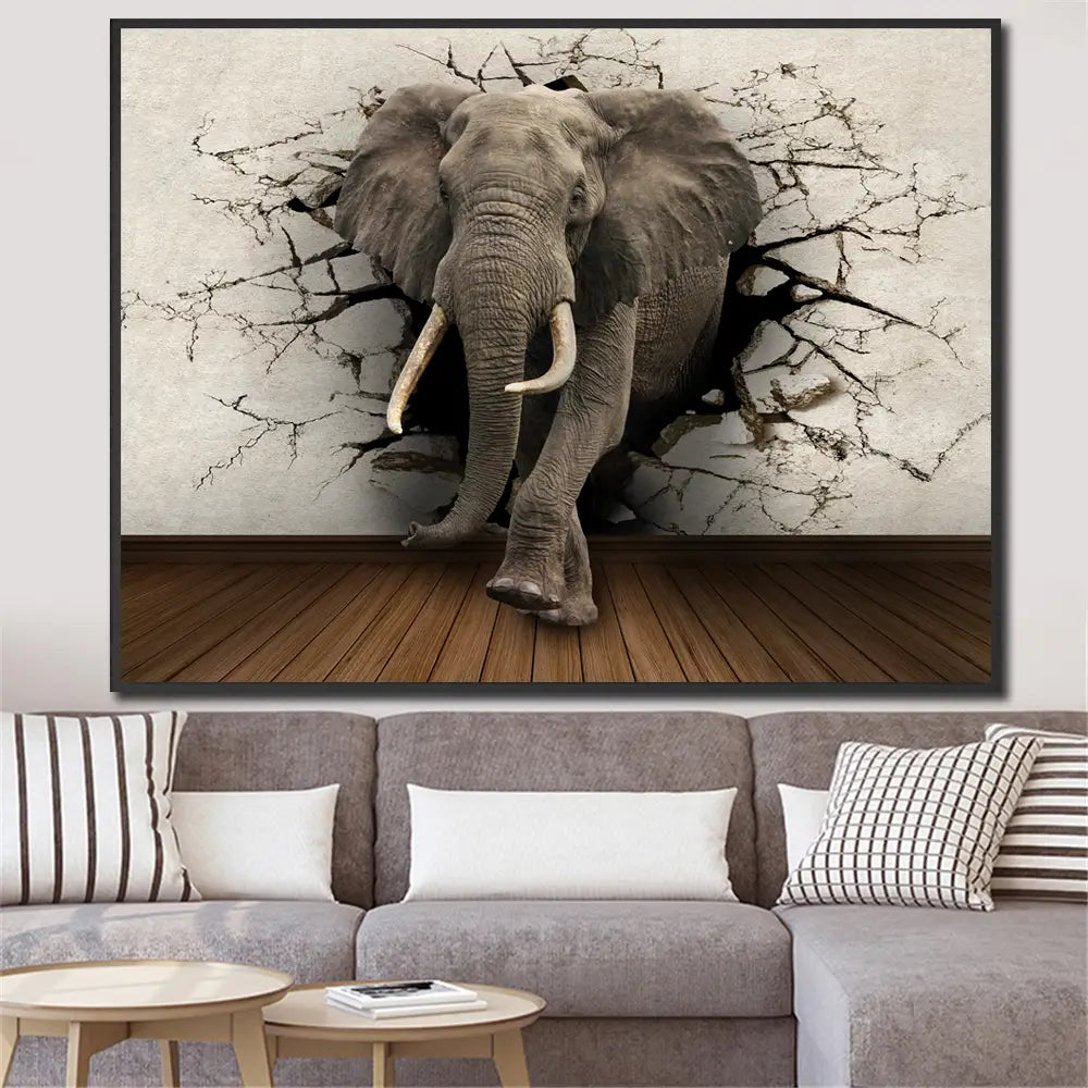 Elefant 3D-Leinwand-Wandkunst für ein explodierendes Dekor: zeigt einen grauen Elefanten mit weißen Stoßzähnen, der aus einer gerissenen Wand in einem lebendigen 3D-Effekt-Design hervortritt.