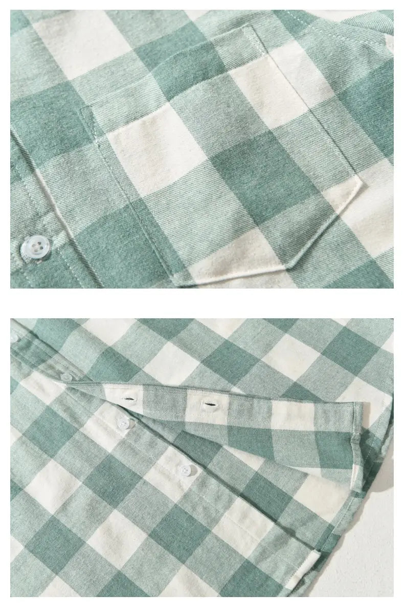 Herren-Karos-Flanellhemd mit Knopfleiste und Strickcardigan-Design im sanften Grün-Weiß-Karomuster aus bequemem Flanellstoff mit klassischer Knopfleiste.