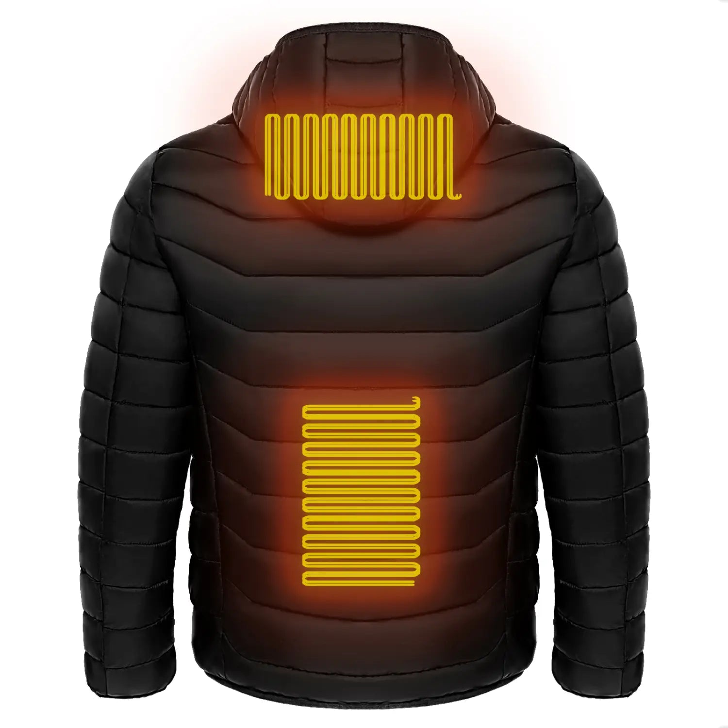Black quilted unisex 9 zone electric heated hooded puffer jacket showing the back side with glowing orange heating elements along the back and hood.