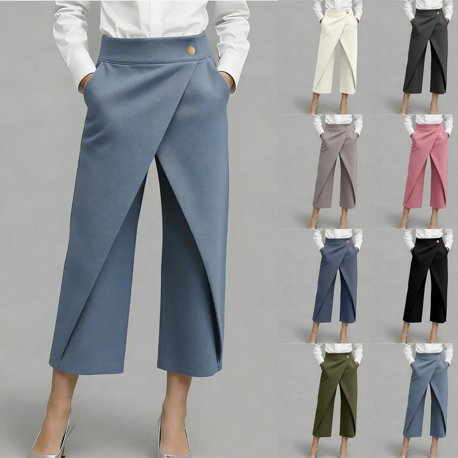 High-Waist-Wide-Leg-Hosen in Blau mit ausgeprägtem diagonalen Schlitz und goldfarbenem Knopf am Bund.