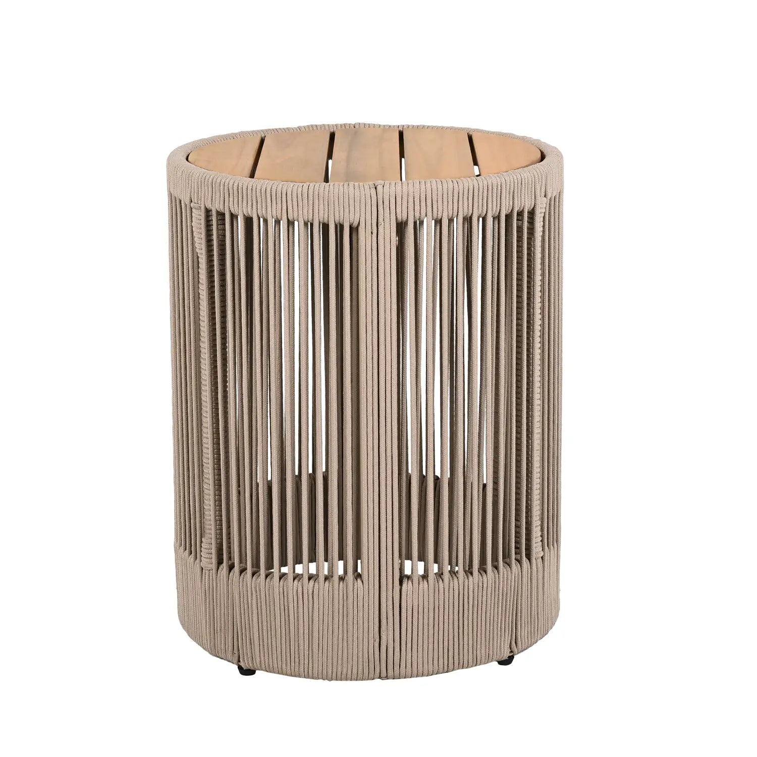 Beige woven rattan cylindrical side table with a light wood slatted top from the rustic industrial table set woven rope coffee side table collection.