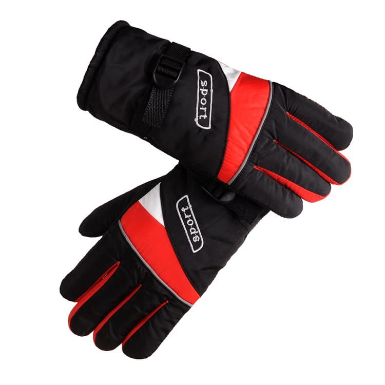 Electric heated gloves for winter sport riding in black and red with white accents and a durable fabric design showing the back side.