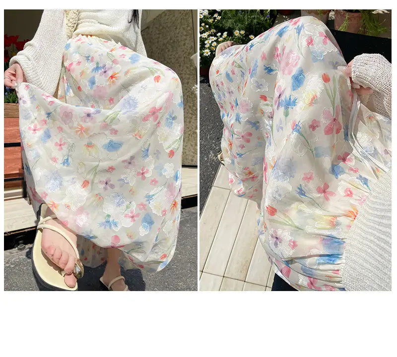 Falda midi con estampado floral, con un tejido de color claro que fluye, flores pastel delicadas y una textura suave.
