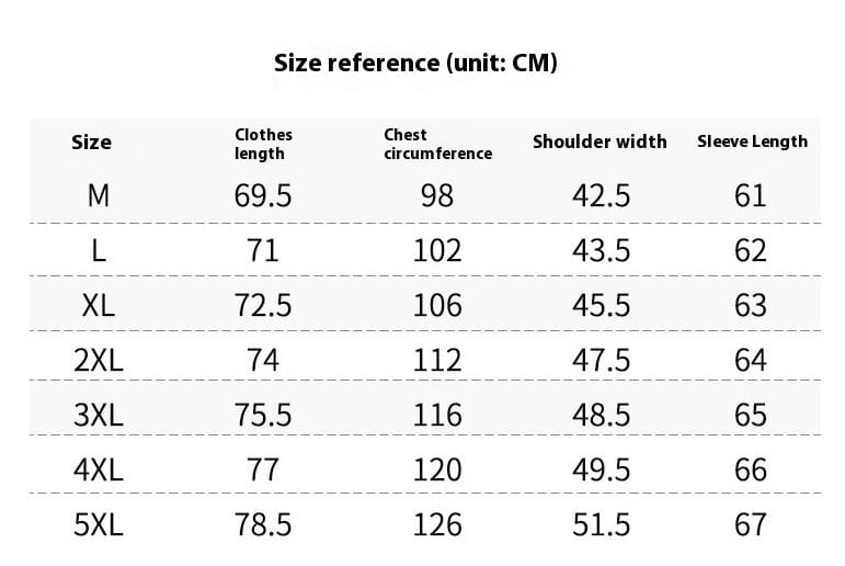 Größenreferenztabelle in Zentimetern für Herren gestreiftes Langarm-Slim-Fit-Hemd in den Größen M bis 5XL
